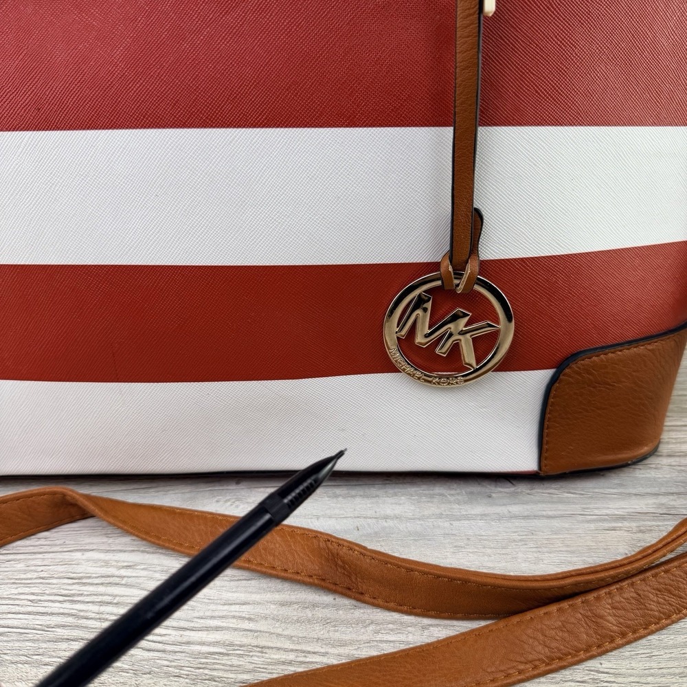 Michael Kors Red White Striped Satchel Crossbody Bag Gold Tone Charm Purse - Picture 14 of 16